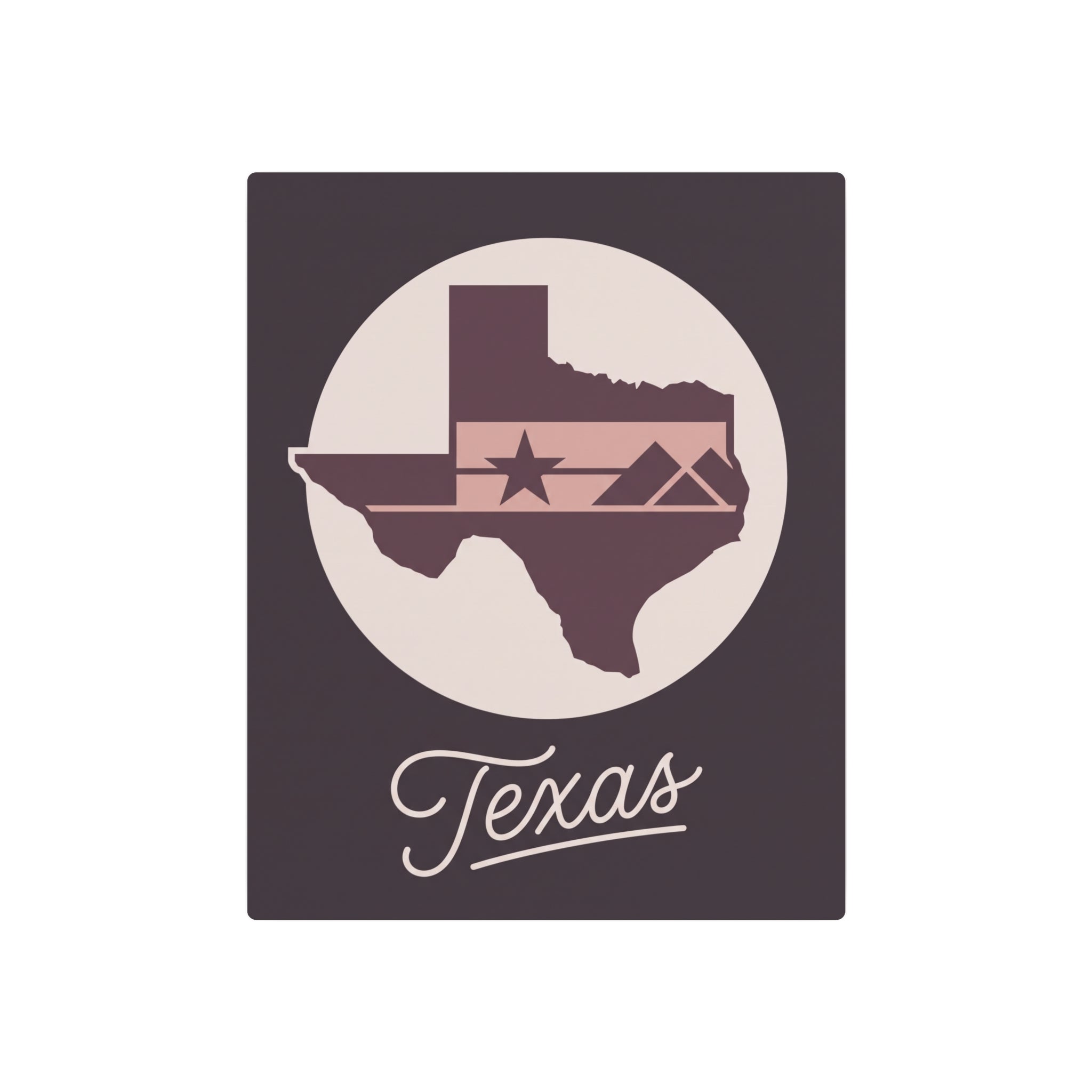 Square mauve metal wall art featuring Texas silhouette and star, with “Texas” script below