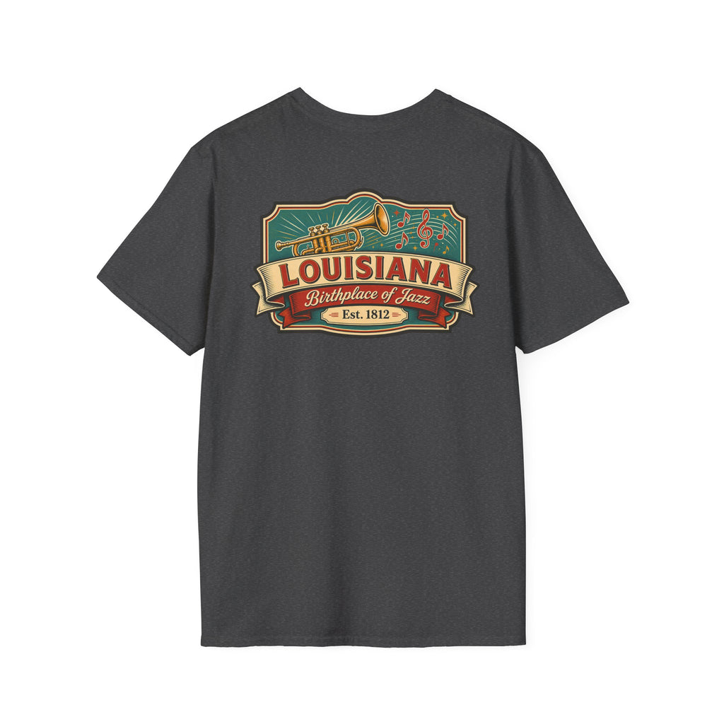 Dark heather Louisiana T-shirt with vintage travel graphic chest print