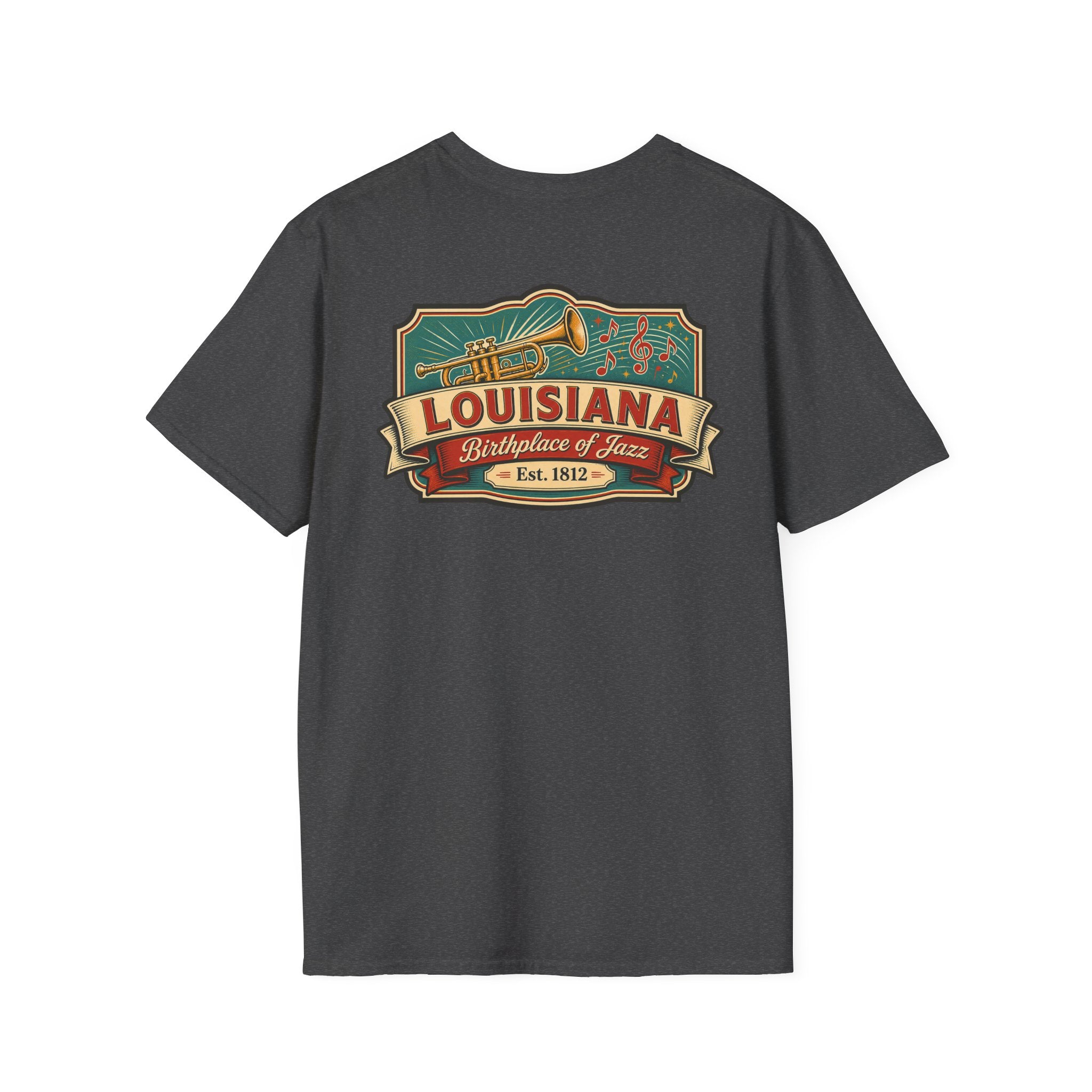 Dark heather Louisiana T-shirt with vintage travel graphic chest print