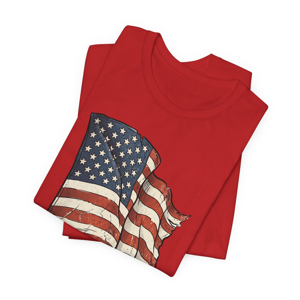 American flag graphic t-shirt, red, distressed waving stars and stripes flag print