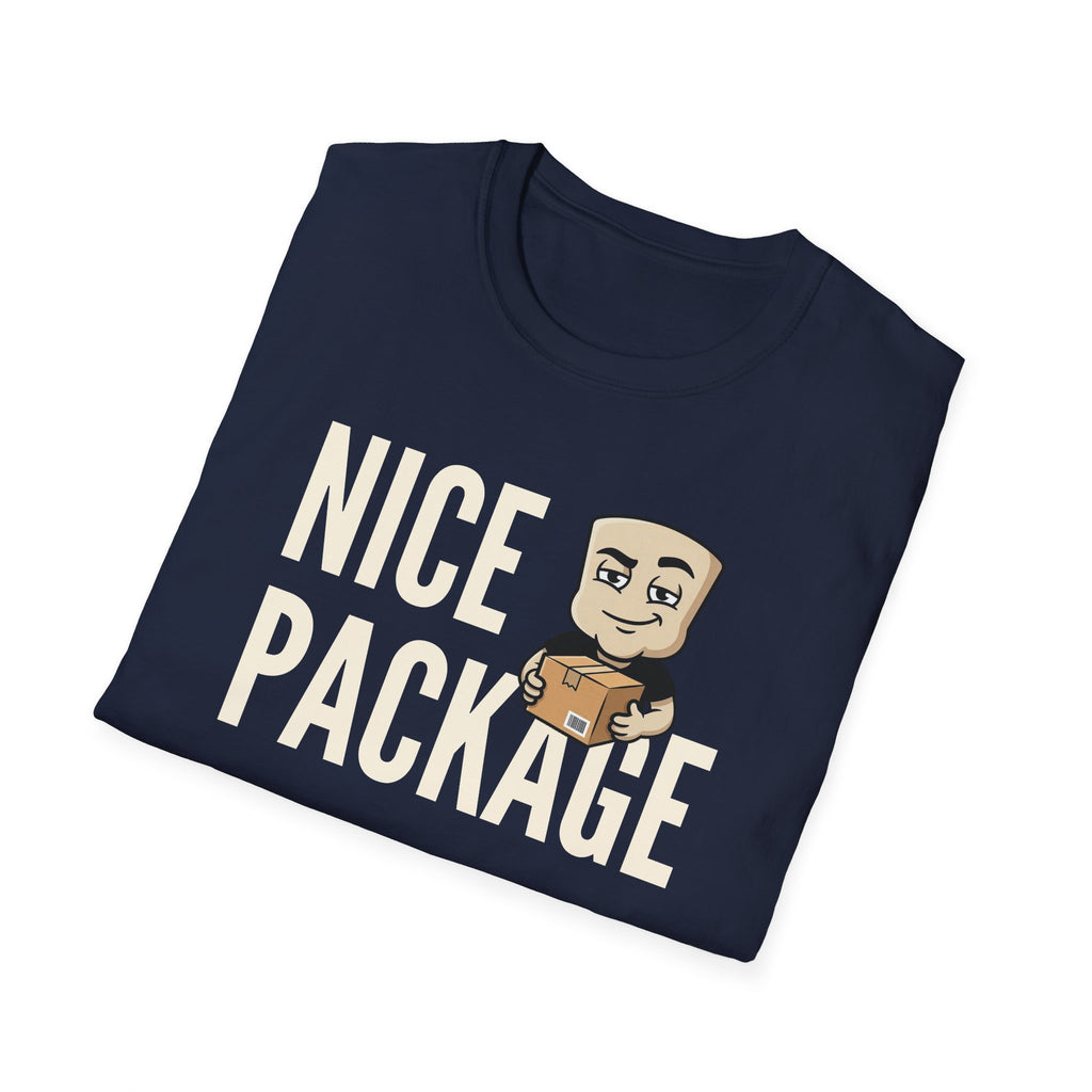 Navy T-shirt with 'NICE PACKAGE' graphic of a delivery worker holding a box
