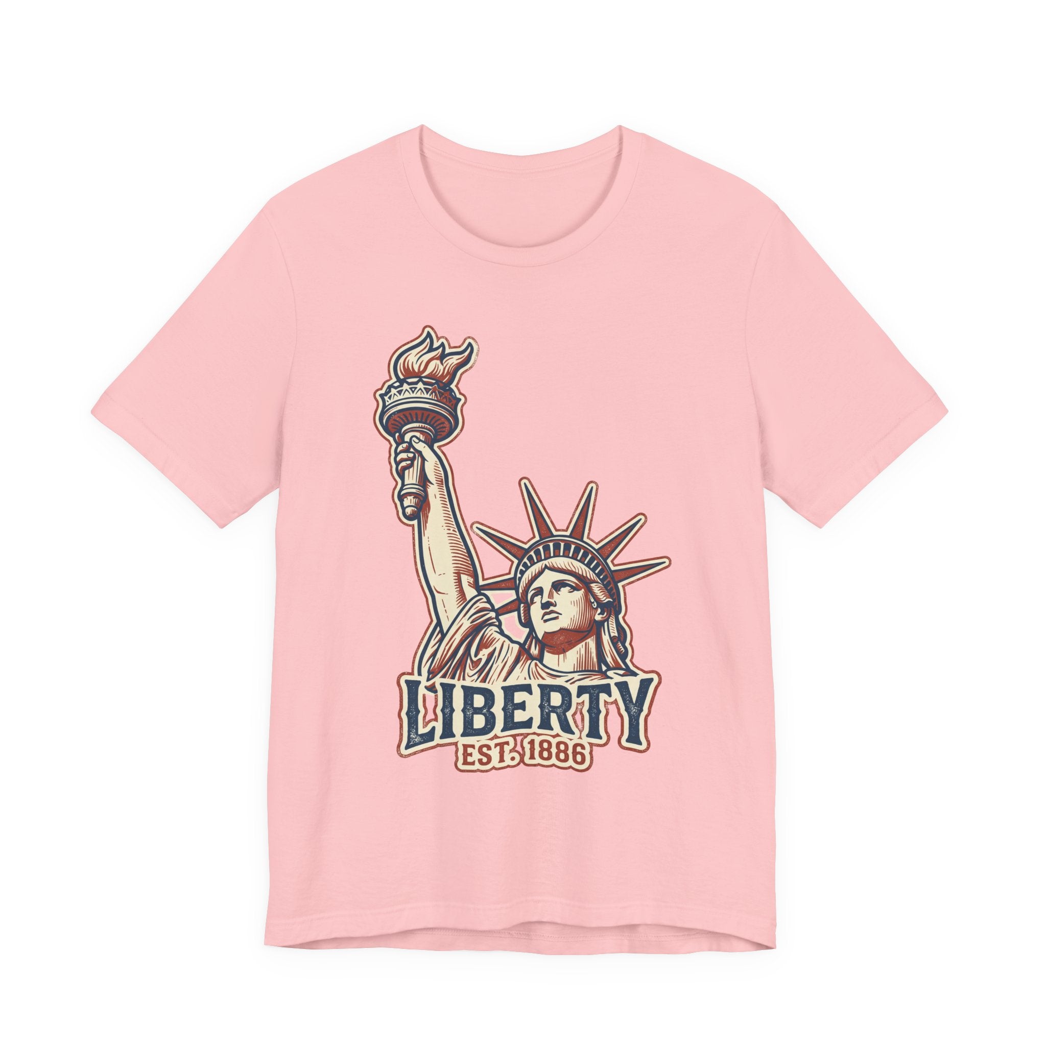 Pink graphic tee with Liberty statue illustration and 'LIBERTY EST.1886' print