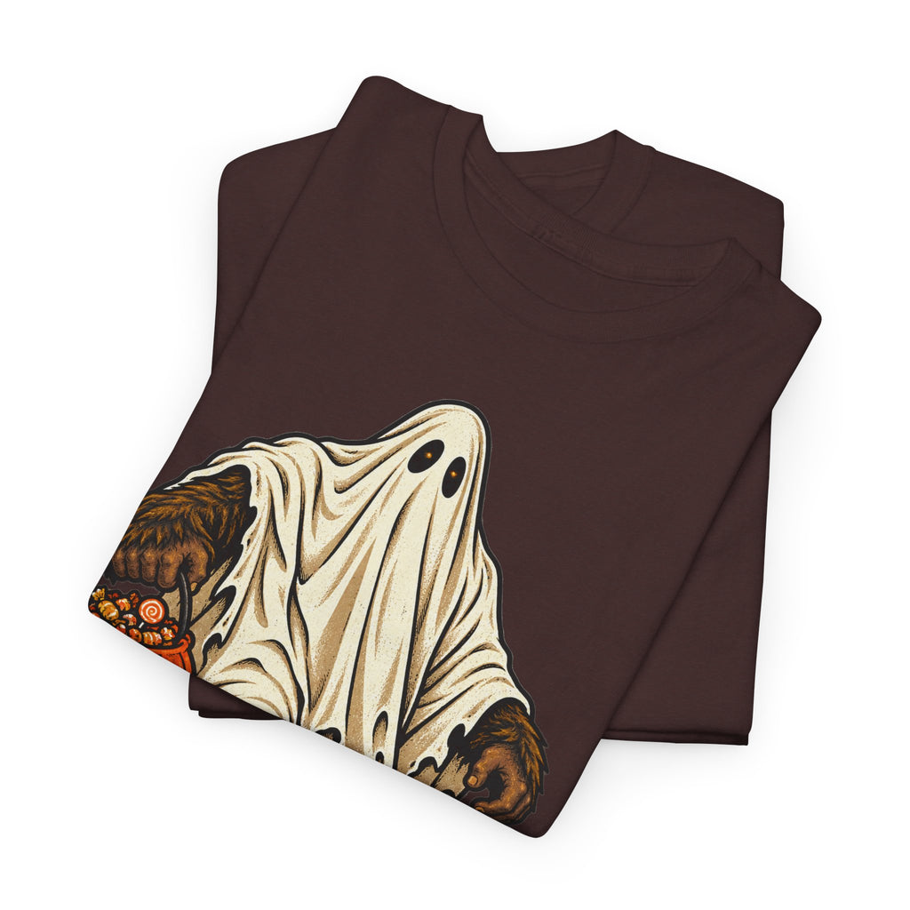 Brown Halloween T-shirt with bigfoot ghost pumpkin graphic on front