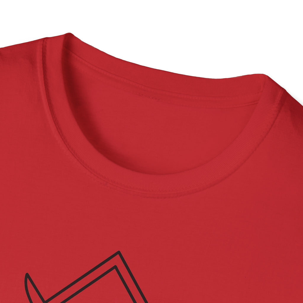 Red T-shirt with crew neck and partial star-and-swords graphic