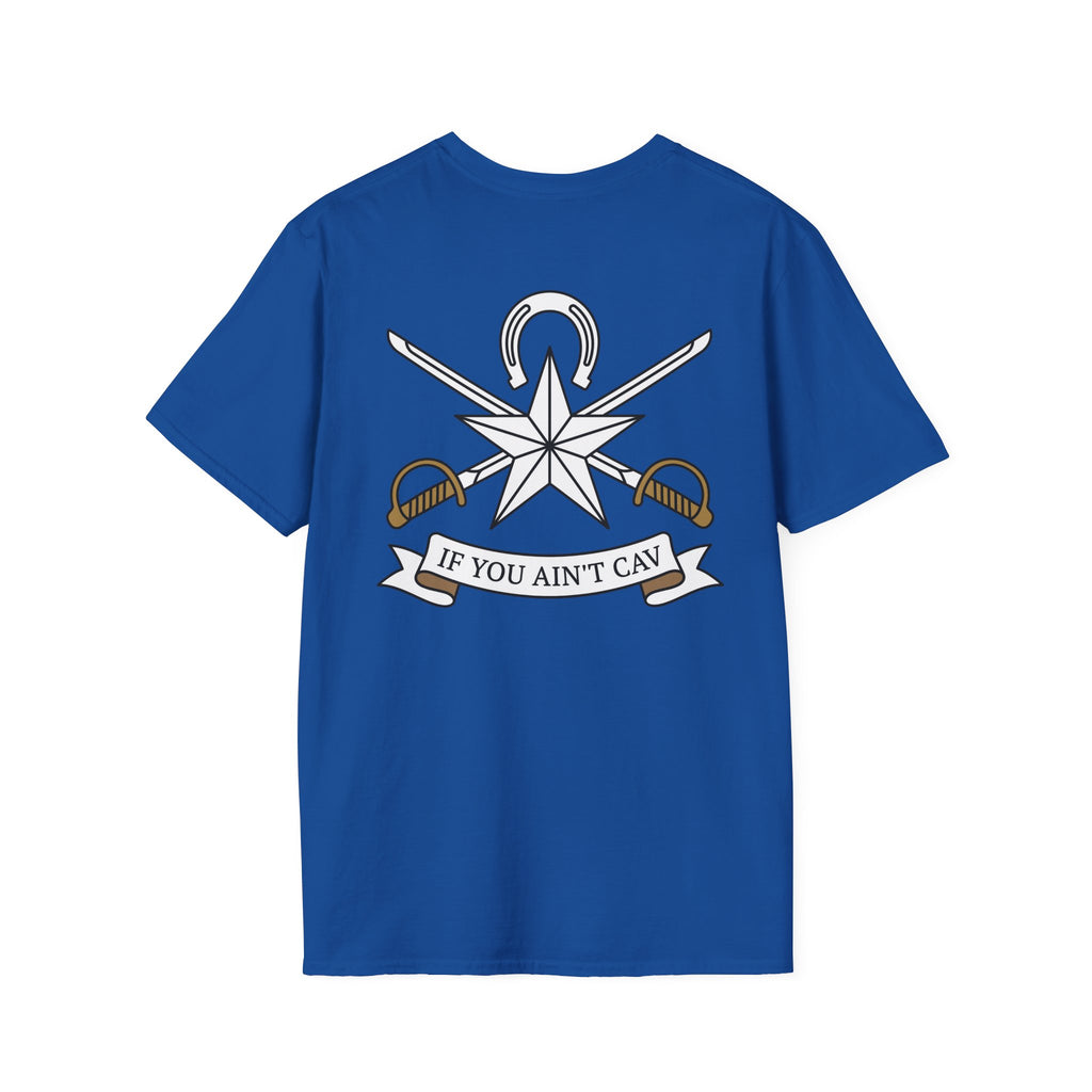 Royal blue T-shirt with star and crossed swords emblem graphic and ribbon text