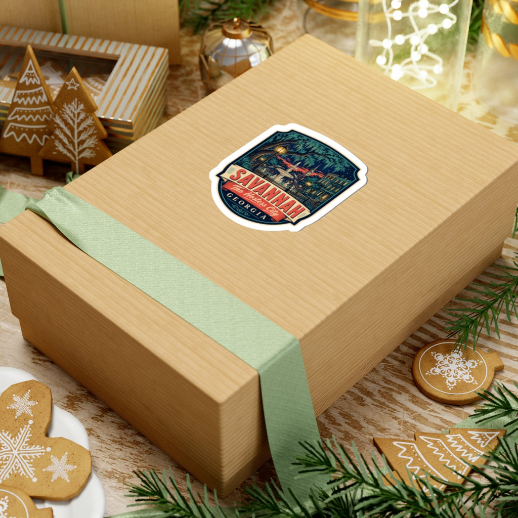 Savannah luggage tag sticker on gift box, nighttime city art with SAVANNAH and Georgia