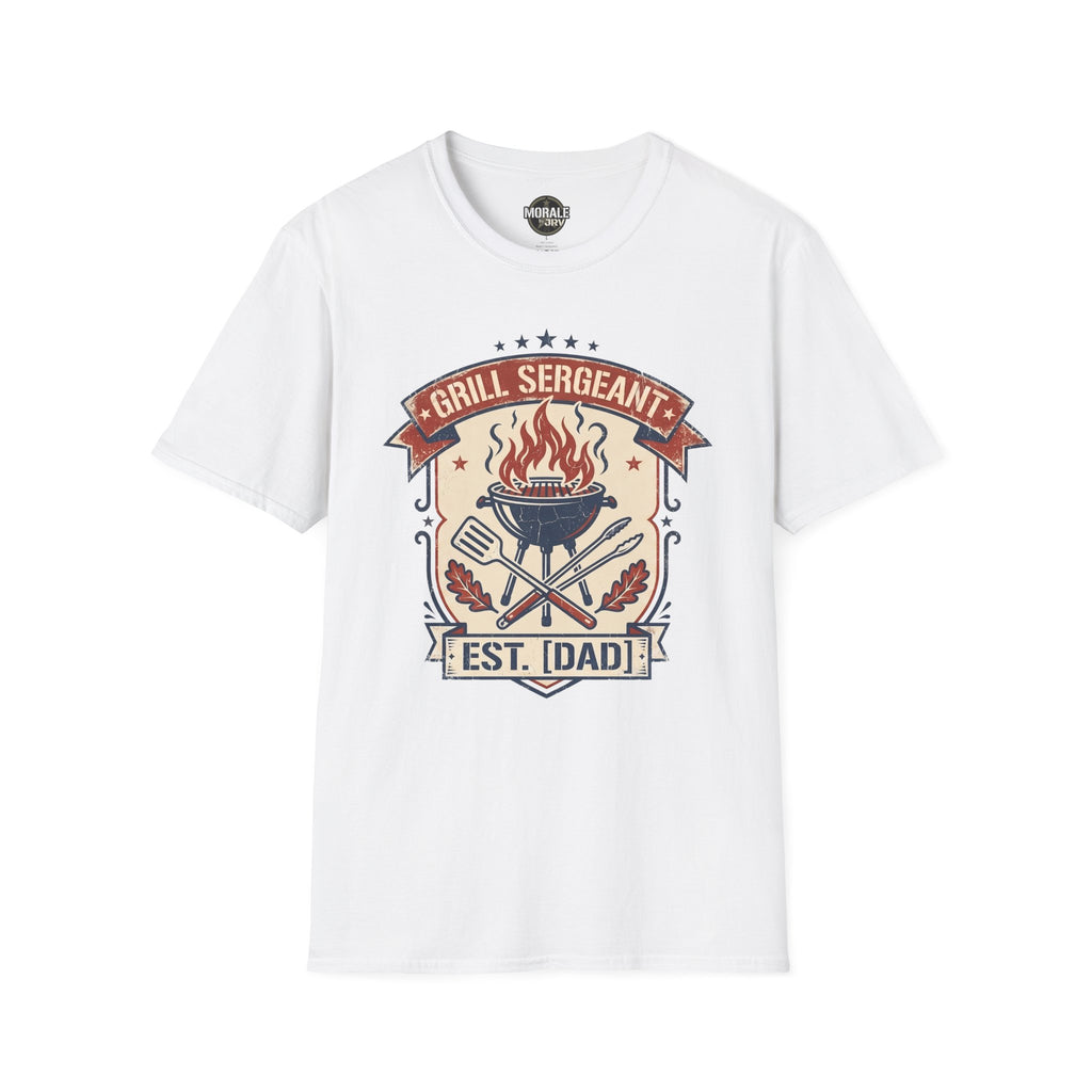 White Grill Sergeant BBQ T-shirt with flaming grill, crossed tools, and EST. [DAD] graphic