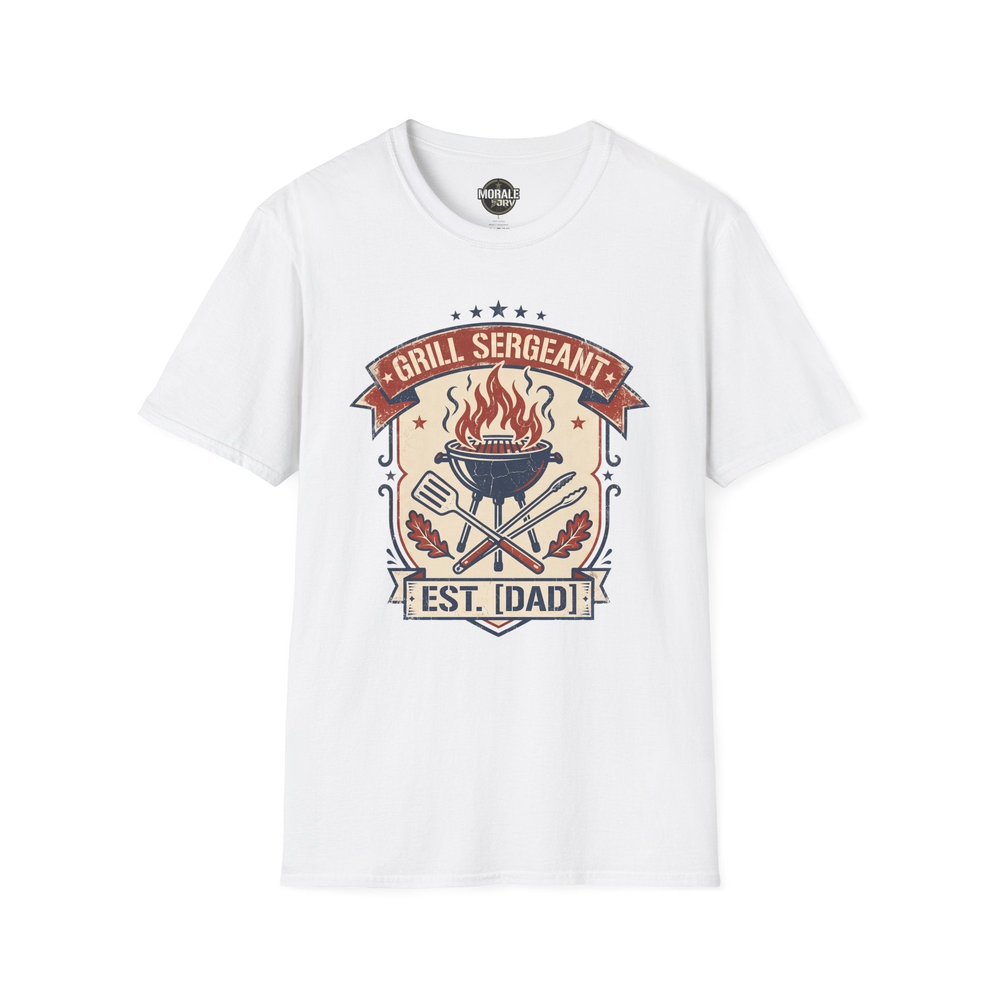 White Grill Sergeant BBQ T-shirt with flaming grill, crossed tools, and EST. [DAD] graphic