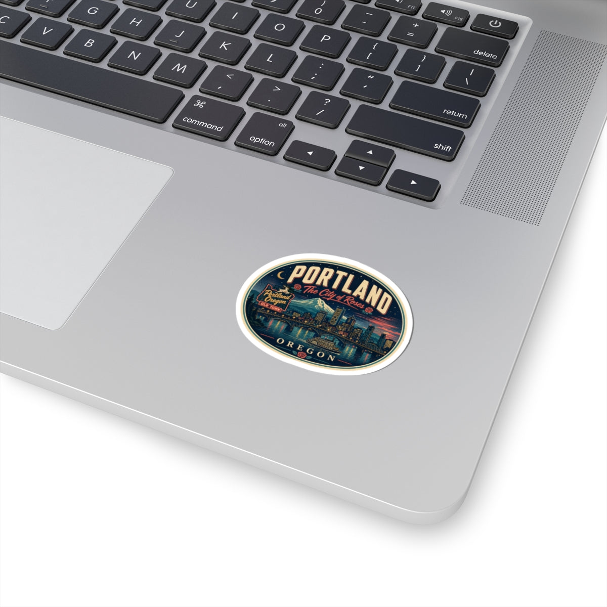 Portland oval luggage tag sticker decal, blue and gold with travel text