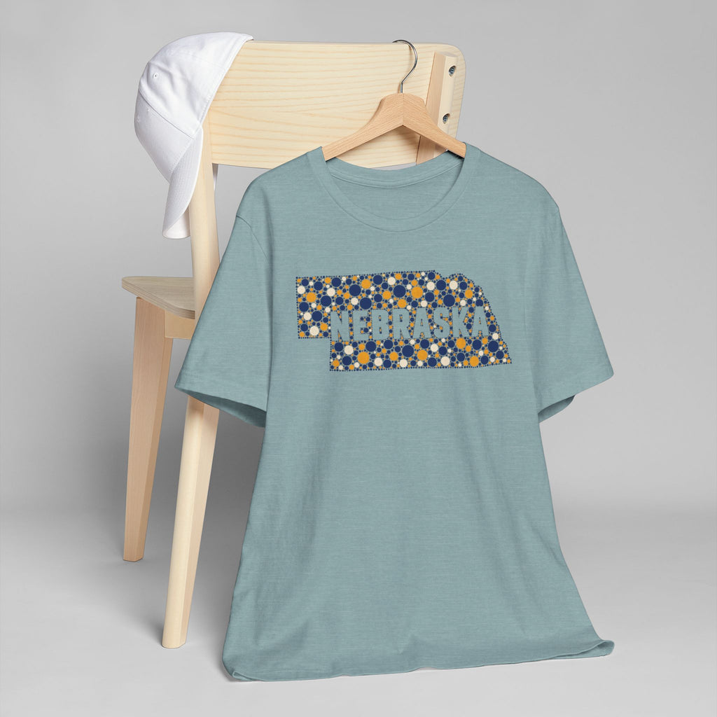 Teal crew-neck t-shirt with colorful Nebraska-style map graphic on the chest