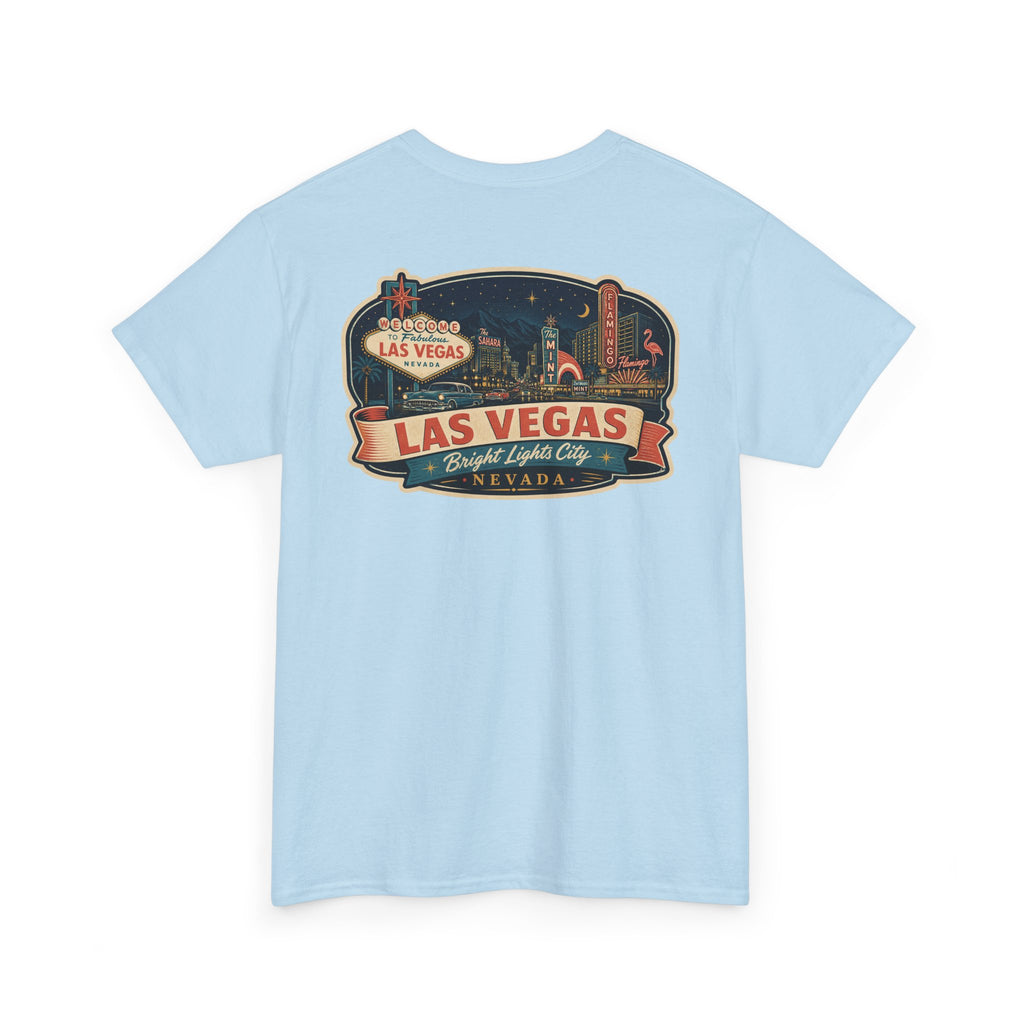 Light blue T-shirt with Las Vegas luggage tag graphic on chest