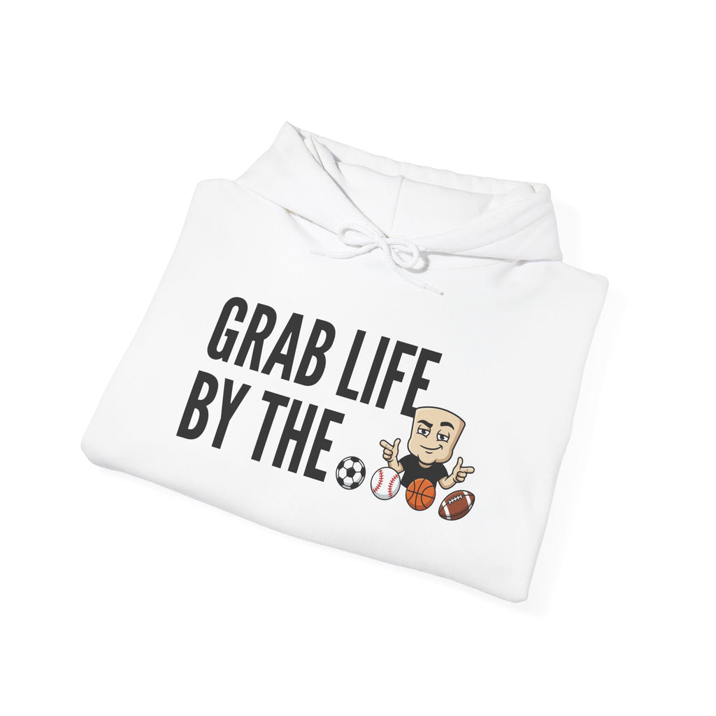 White hoodie with front text “GRAB LIFE BY THE” and sports balls character