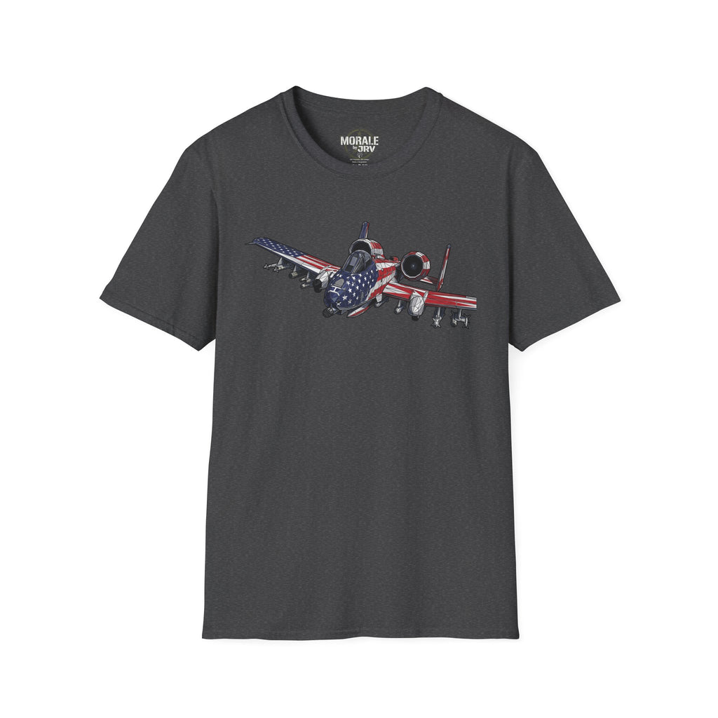 Dark heather A-10 Warthog T-shirt with American flag jet graphic