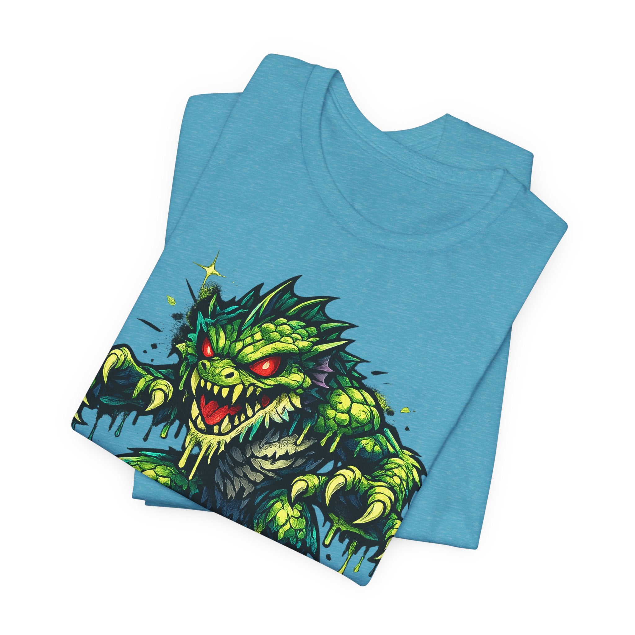 Light blue short-sleeve crewneck T-shirt with green monster graphic