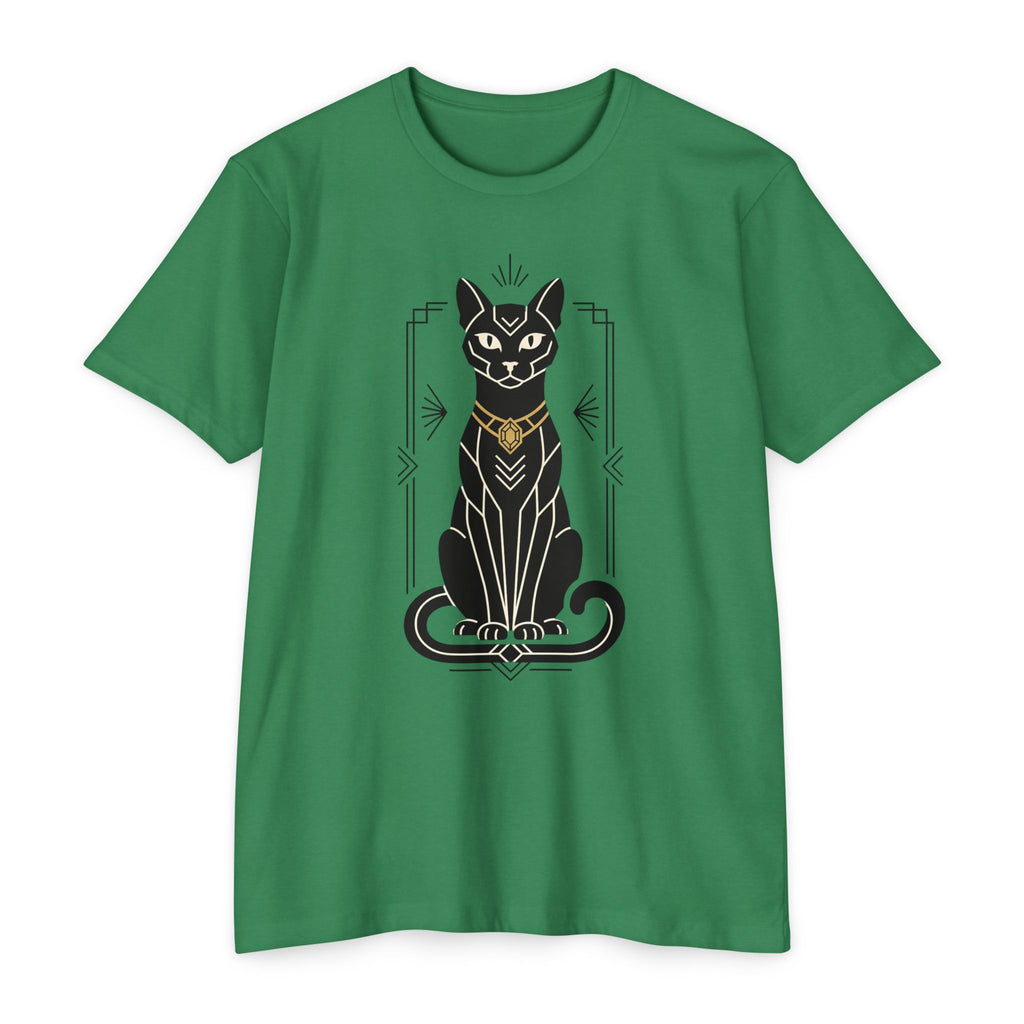 Green unisex t-shirt with black Egyptian cat illustration graphic