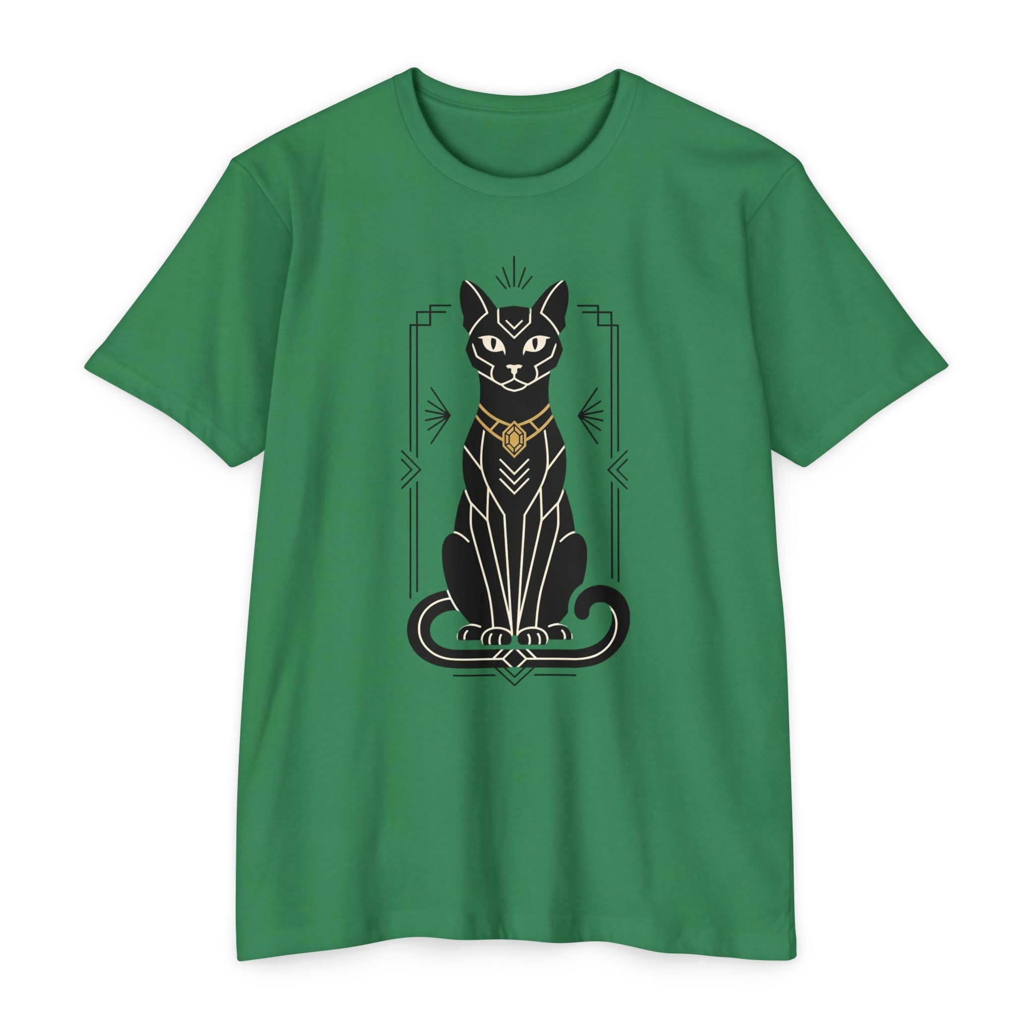 Green unisex t-shirt with black Egyptian cat illustration graphic