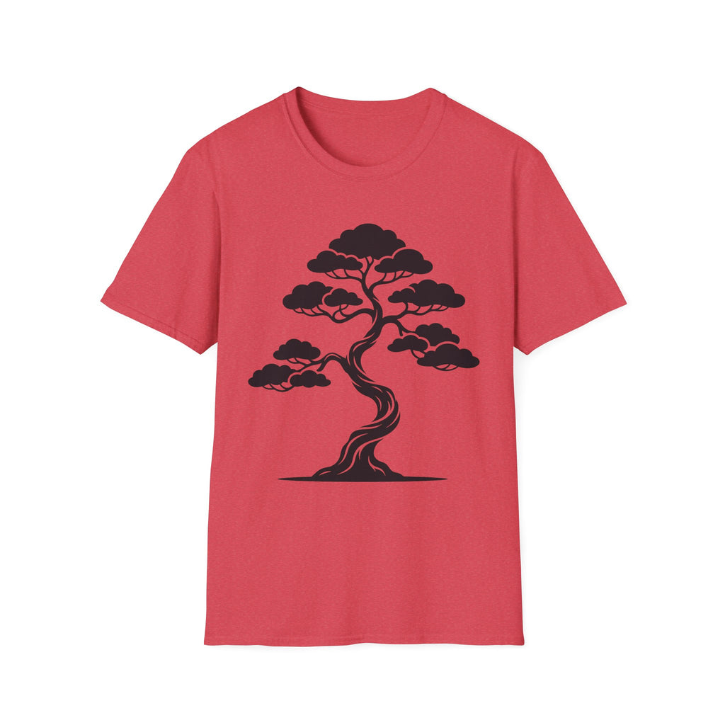 Red T-shirt with black bonsai tree silhouette graphic