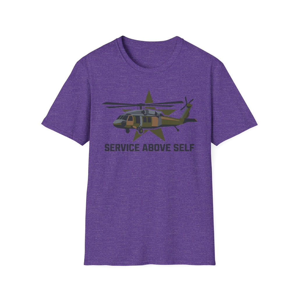 Service Above Self T-shirt in heather purple with helicopter star graphic on chest