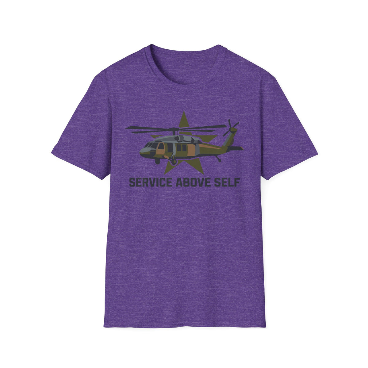 Service Above Self T-shirt in heather purple with helicopter star graphic on chest