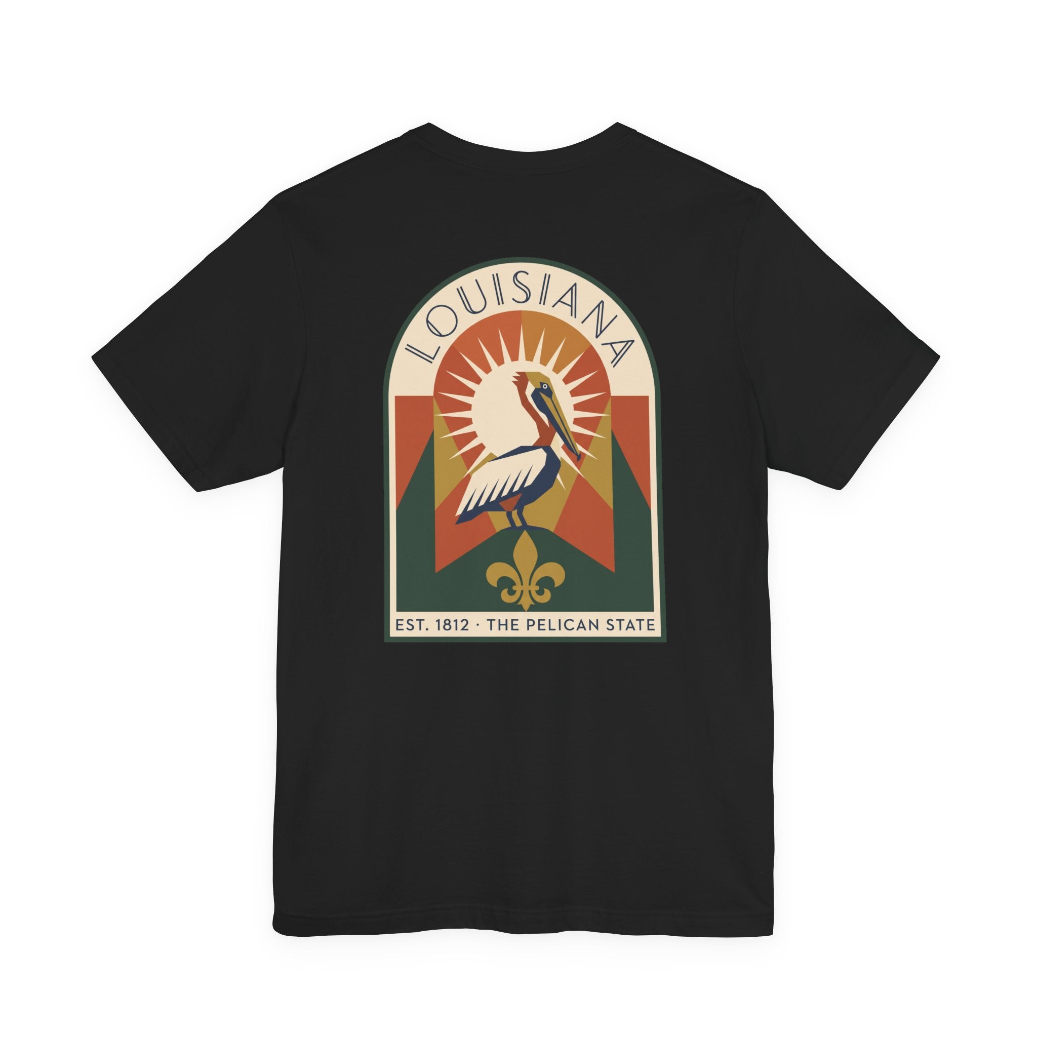 Black t-shirt with Louisiana pelican art graphic on chest