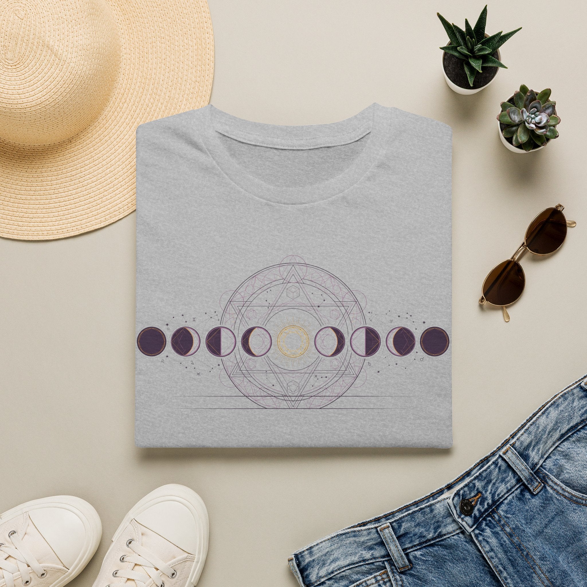 Light gray crew-neck T-shirt with moon phase circle graphic and central geometric moon