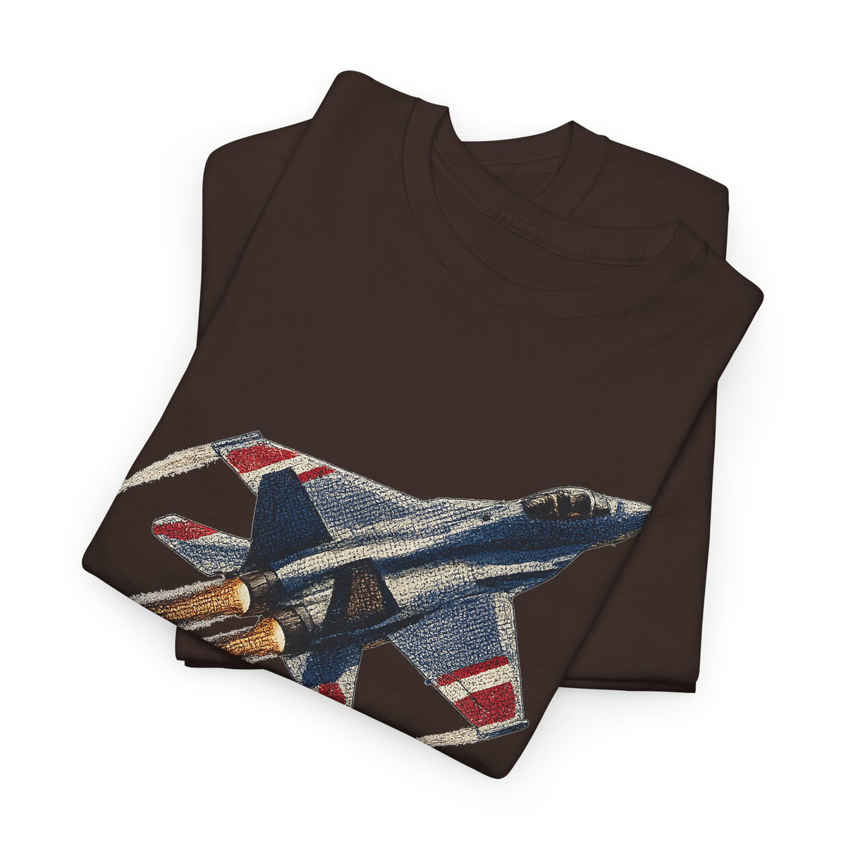 Dark brown t-shirt set with fighter jet graphic on folded shirts