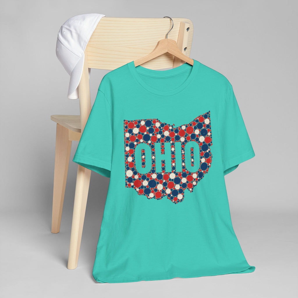 Teal crew-neck T-shirt with red, white, and blue dotted Ohio graphic front