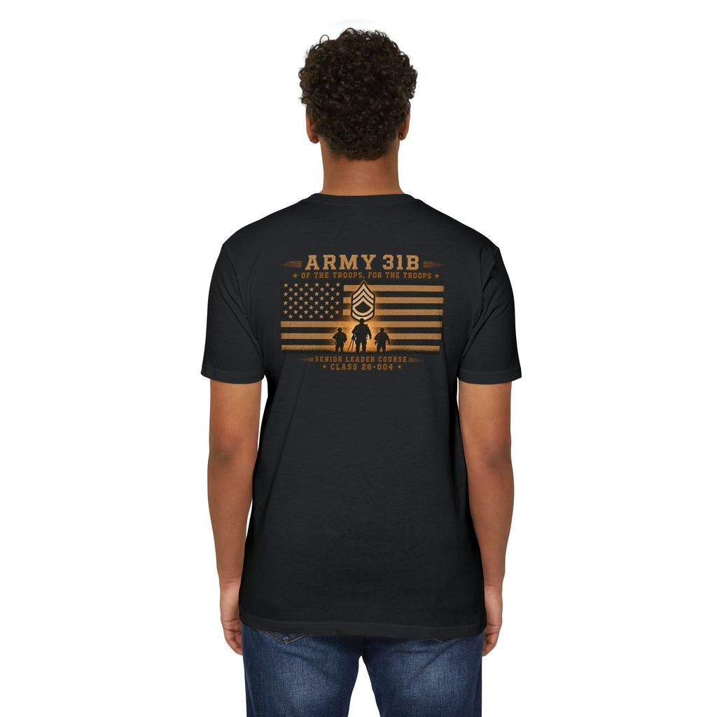 Black military police t-shirt with back graphic of Army 31B and American flag stripes