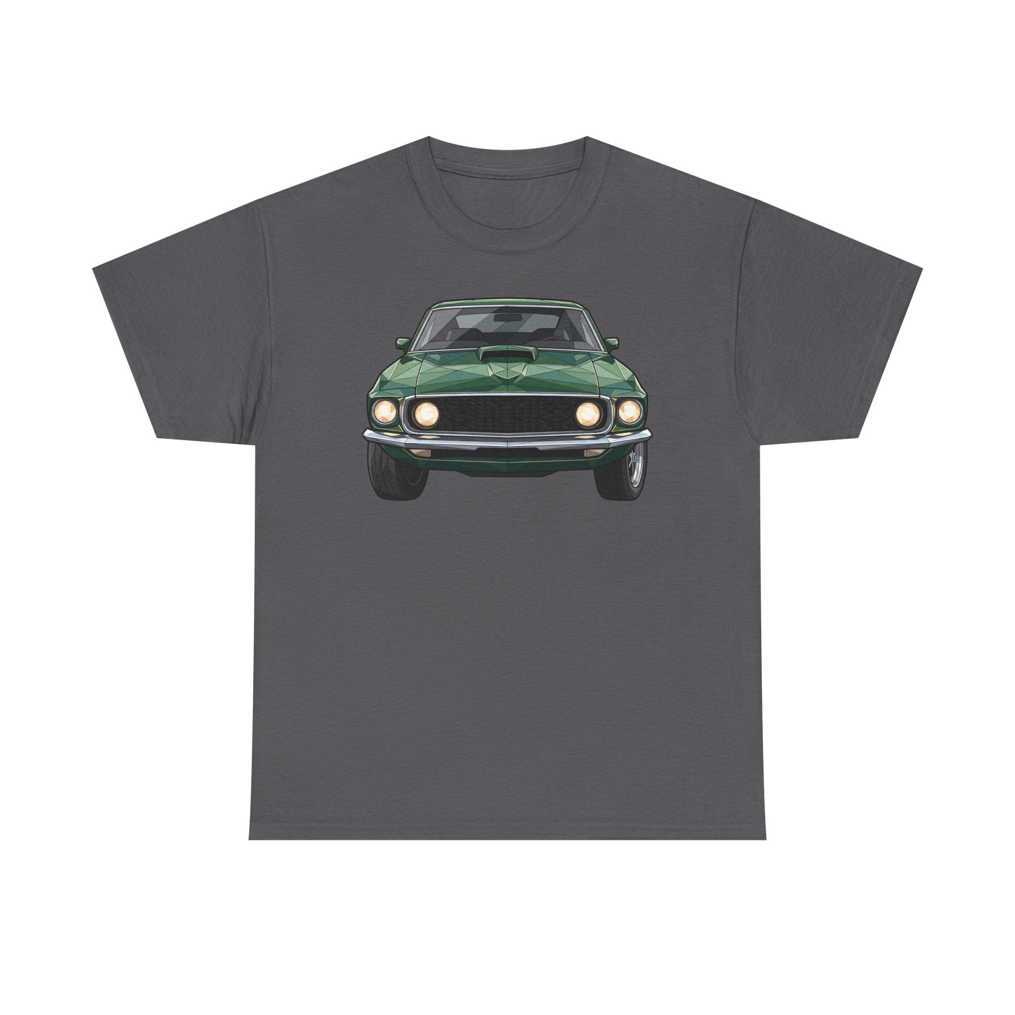 Charcoal gray crew-neck T-shirt with vintage green muscle car front graphic
