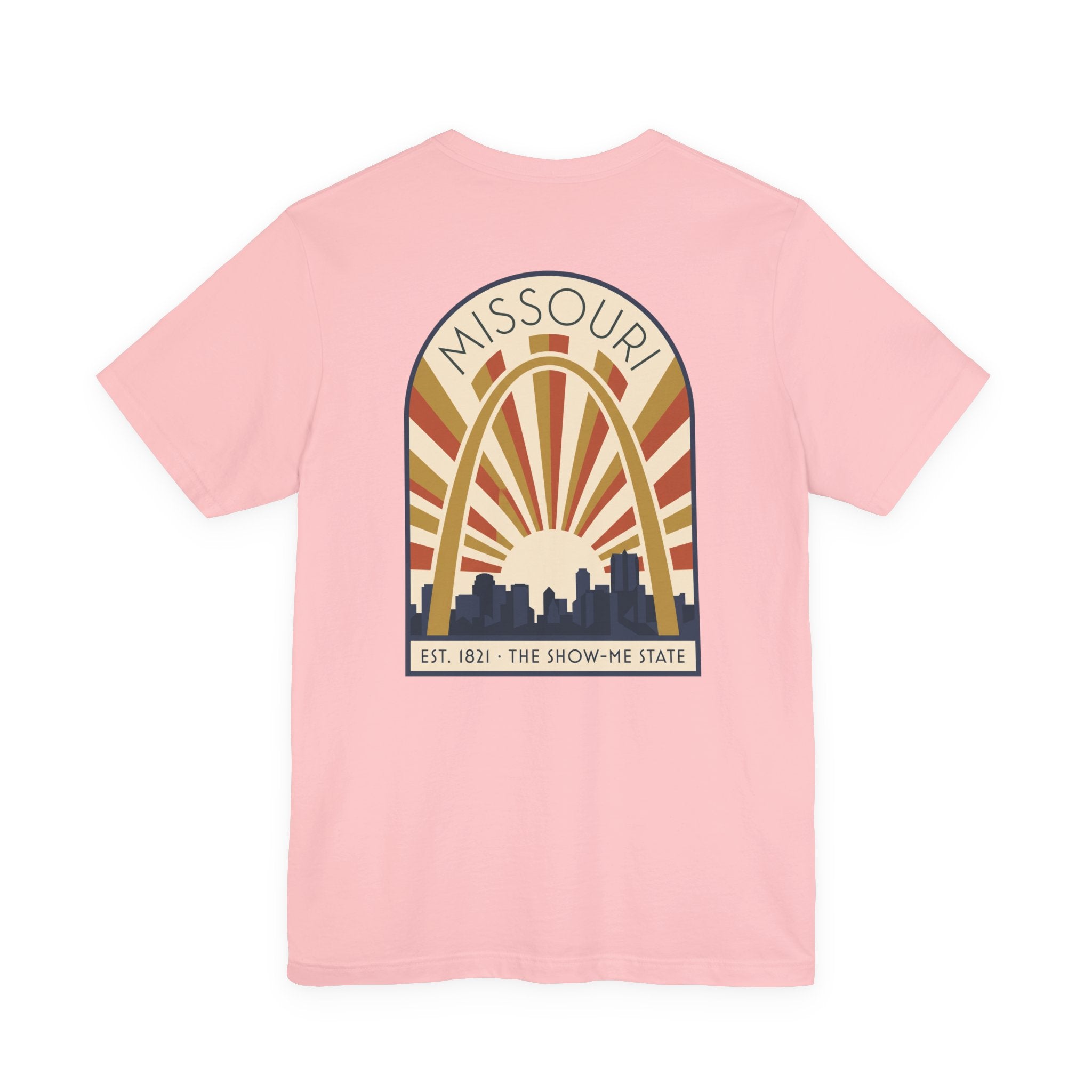 Light pink T-shirt with centered Missouri arch sunrise graphic on the chest