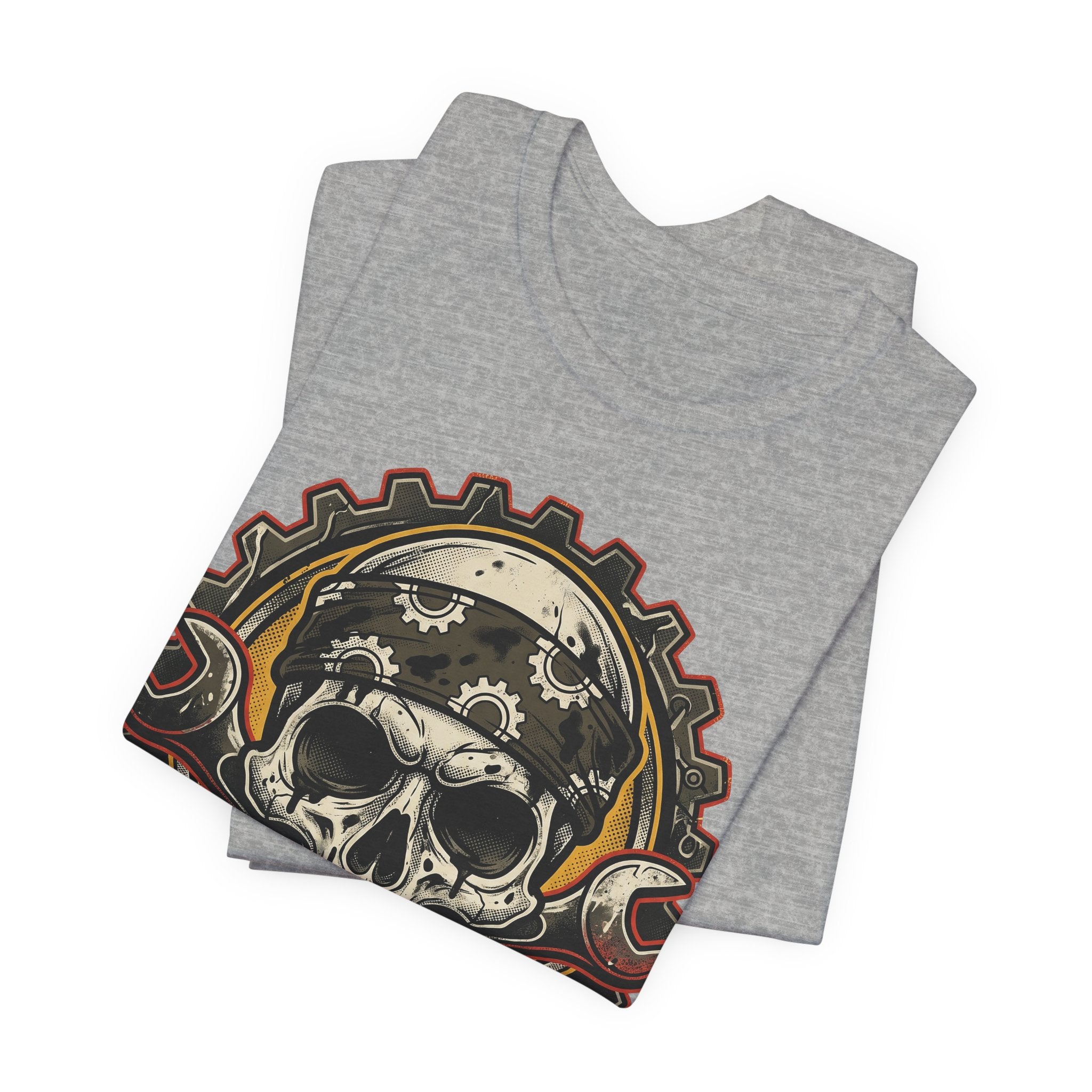 Heather grey heather T-shirt with biker skull face and wrench-cross design