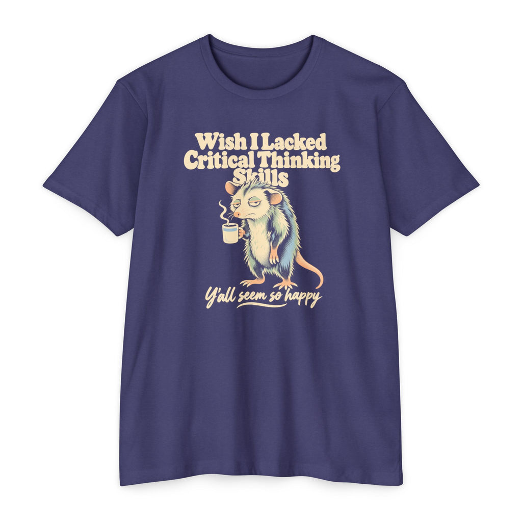 Navy purple t-shirt with cartoon opossum holding a coffee cup graphic and slogan