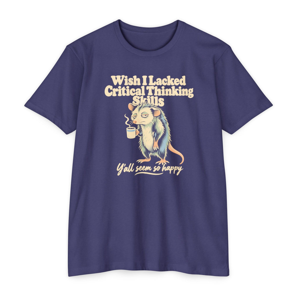 Navy purple t-shirt with cartoon opossum holding a coffee cup graphic and slogan