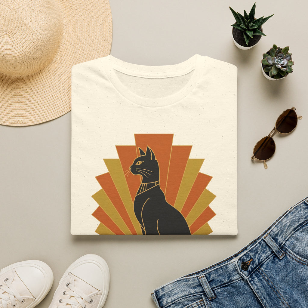 White T-shirt with black Egyptian cat headdress silhouette, orange and yellow sunburst.