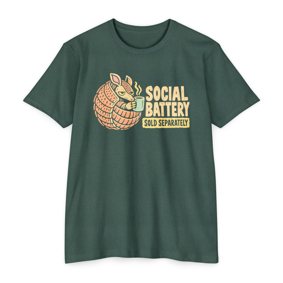 Dark green t-shirt with orange armadillo graphic and “SOCIAL BATTERY” text