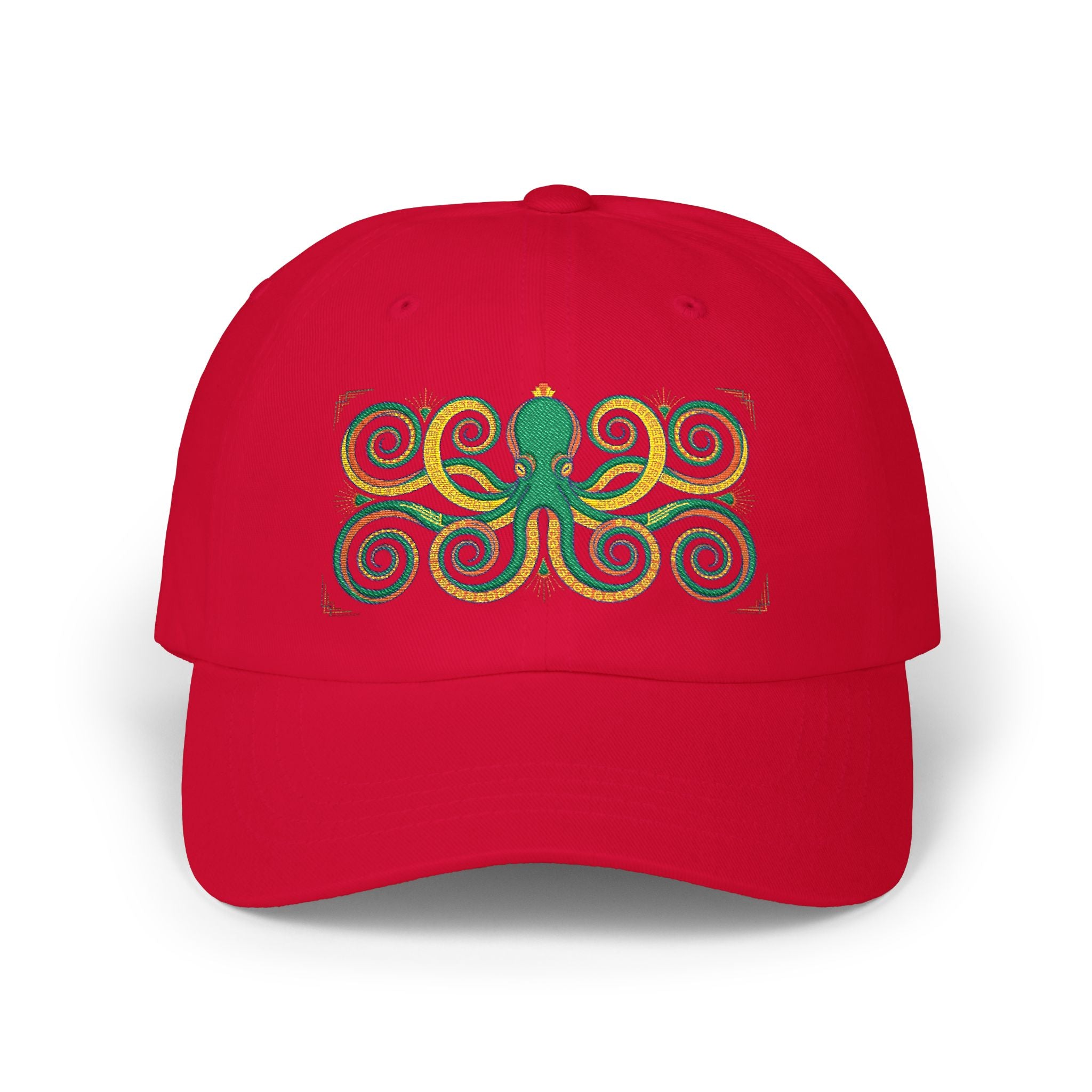 Red dad cap with multicolor octopus swirl embroidery on the front panel