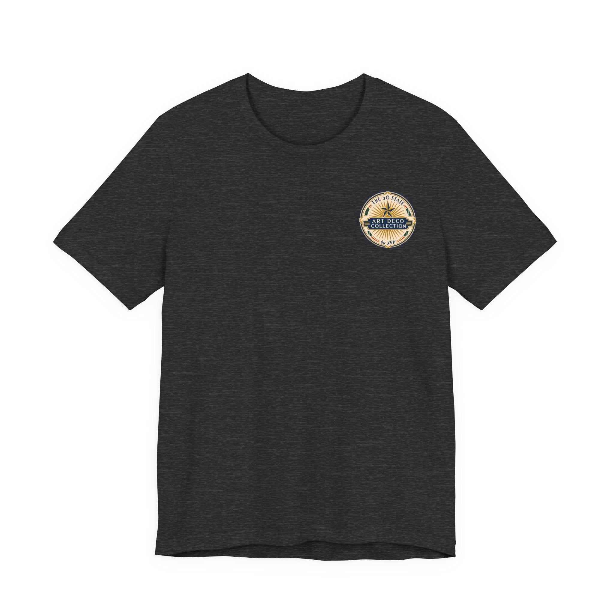Dark grey heather T-shirt with small round chest emblem