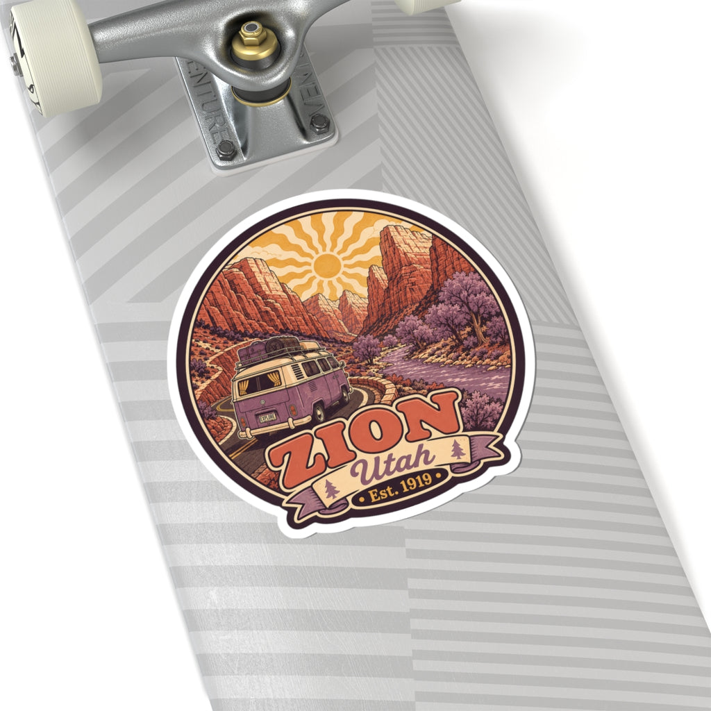 Circular Zion Utah sticker with purple camper van, red canyon rocks, and 'ZION Utah Est. 1919'
