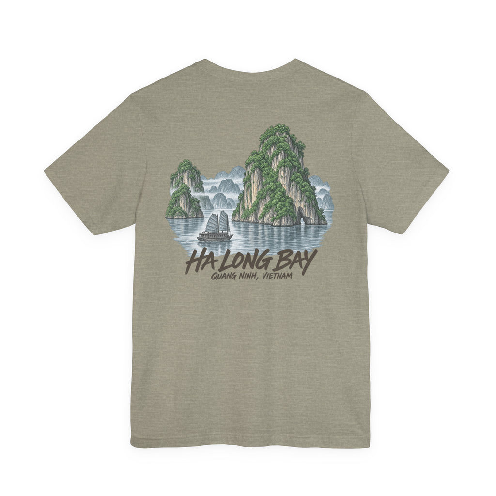 Light heather green-gray T-shirt with Ha Long Bay landscape graphic print on chest