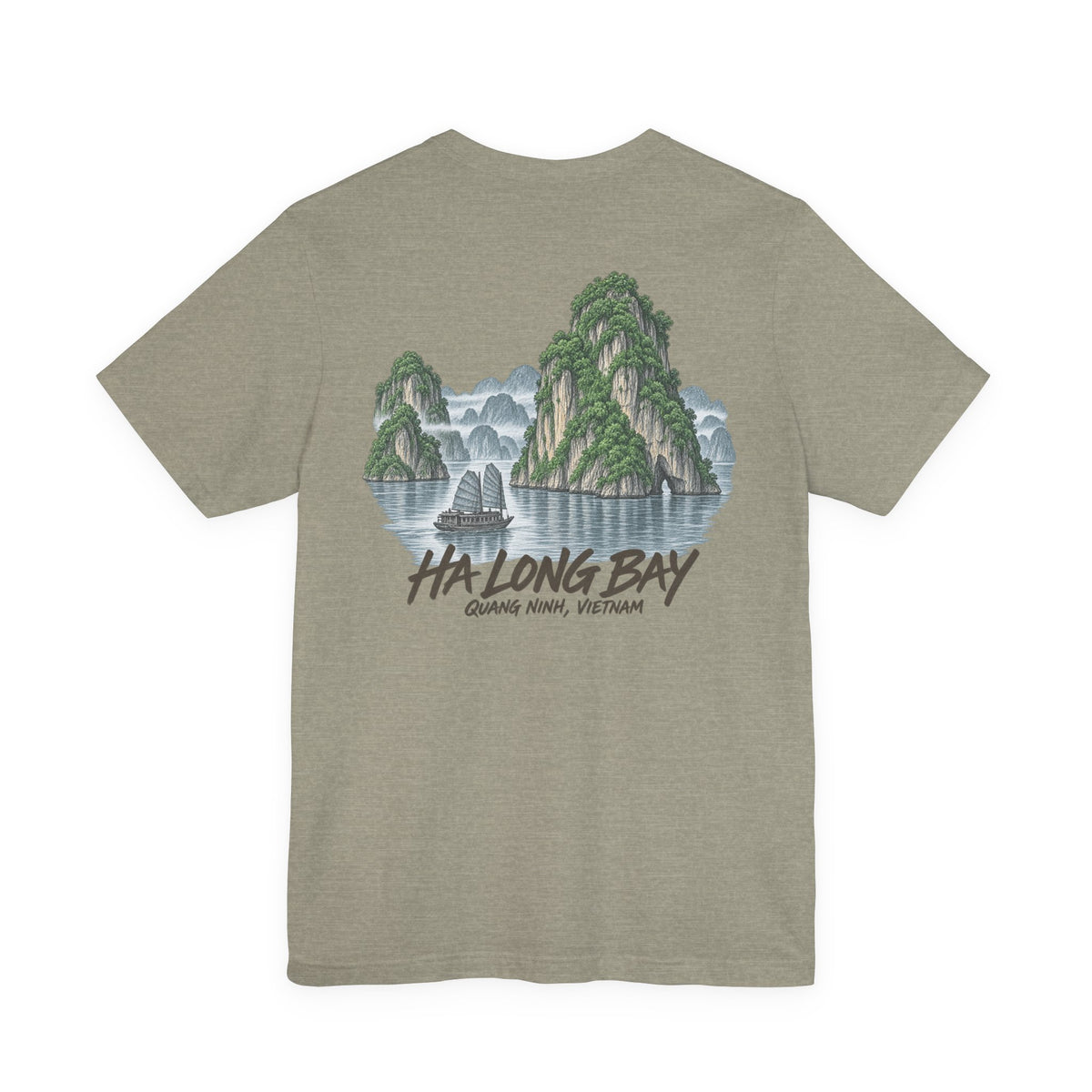 Light heather green-gray T-shirt with Ha Long Bay landscape graphic print on chest