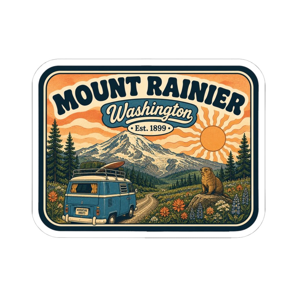 Rectangular Mount Rainier sticker showing vintage camper van in forested mountain landscape