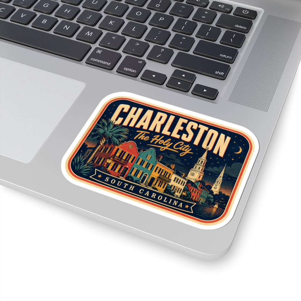 Luggage tag sticker on laptop, rounded rectangle Charleston 'The Holy City' and 'South Carolina'