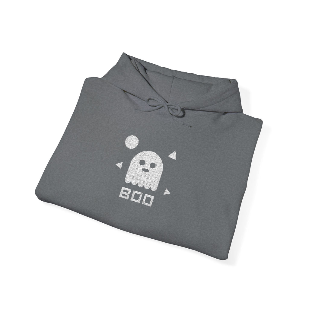 Charcoal gray hoodie with white ghost BOO graphic on front, pullover hood