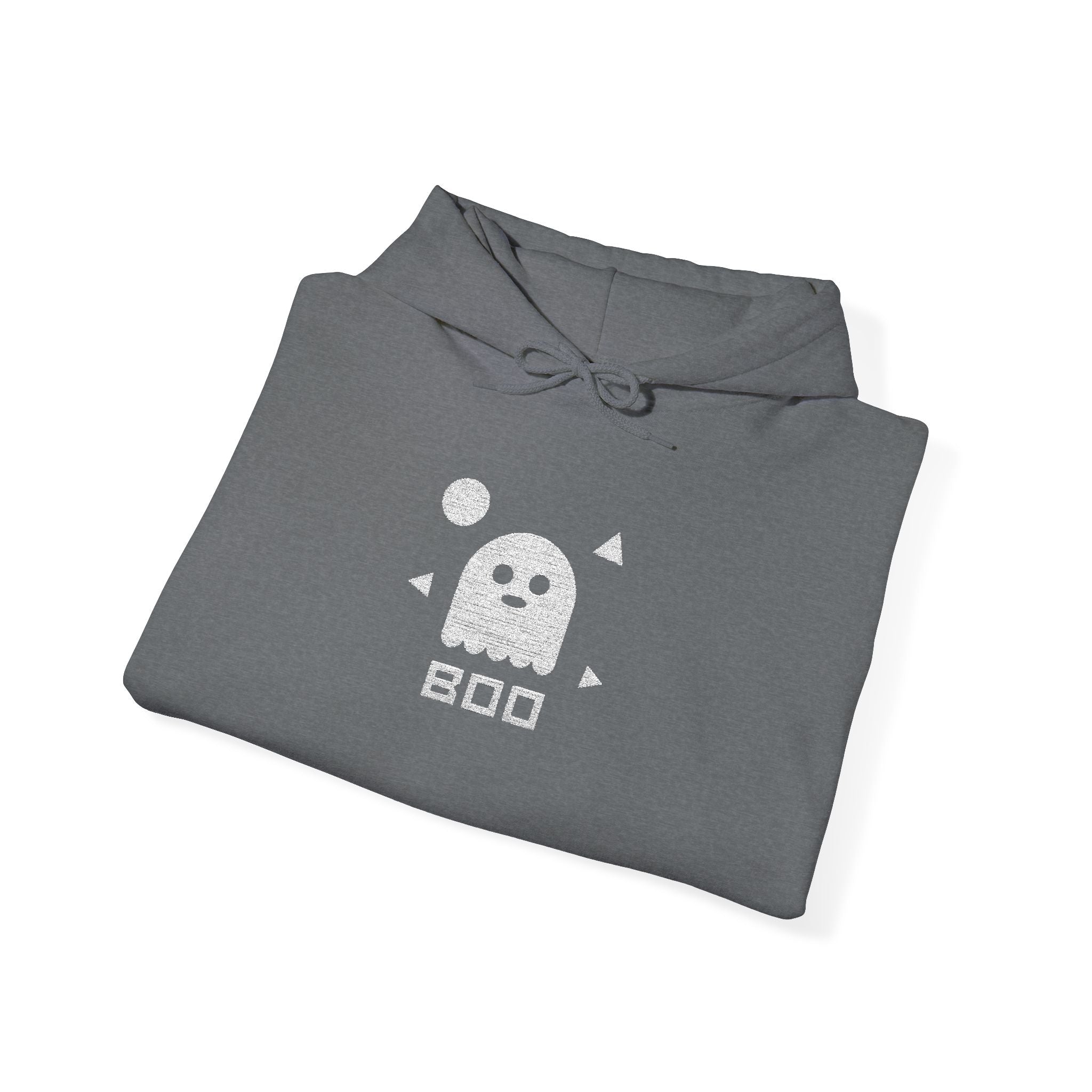 Charcoal gray hoodie with white ghost BOO graphic on front, pullover hood