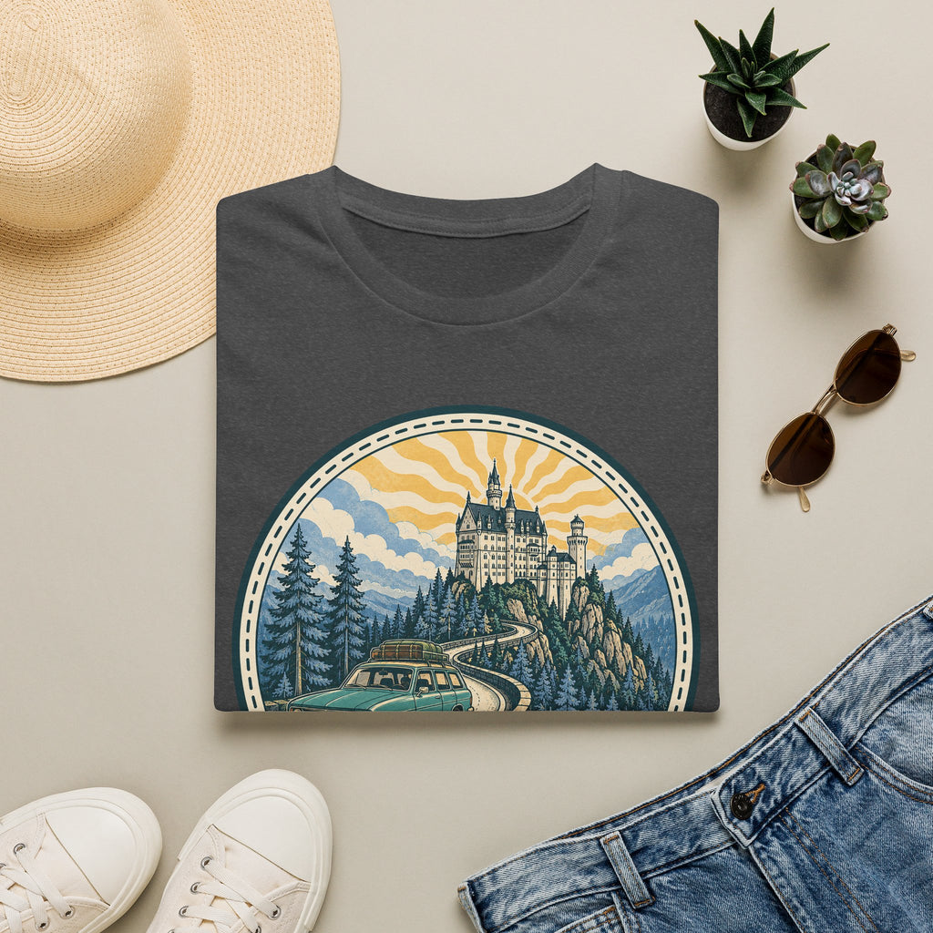 Charcoal T-shirt with circular castle landscape illustration graphic