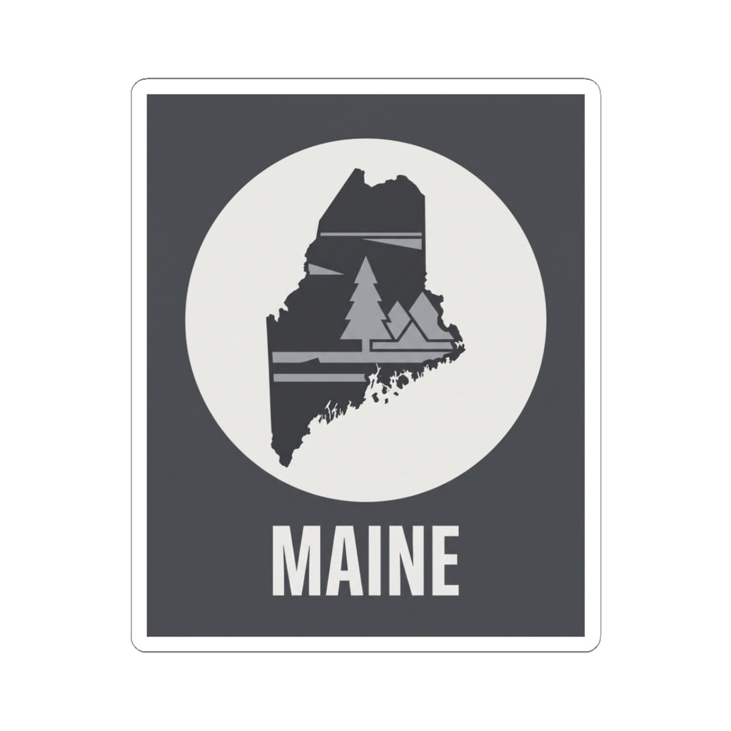 Rectangular Maine silhouette sticker, dark background with circular pine tree map and 'MAINE'.