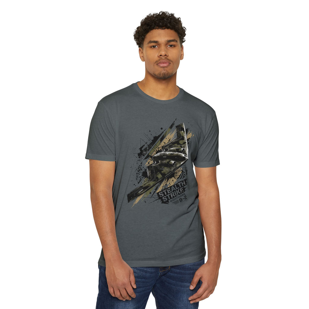 Dark gray B-2 bomber graphic t-shirt, crew neck and short sleeves