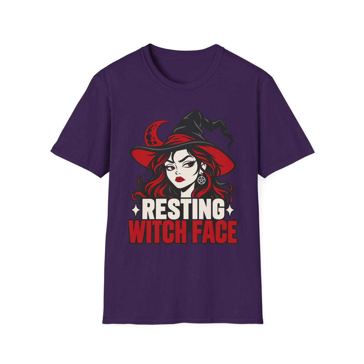 Purple Halloween T-shirt with resting witch face graphic