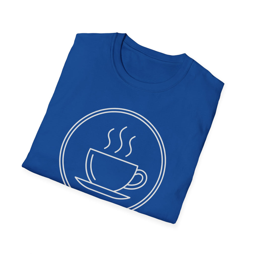 Royal blue unisex coffee mug graphic T-shirt, white circular outline design