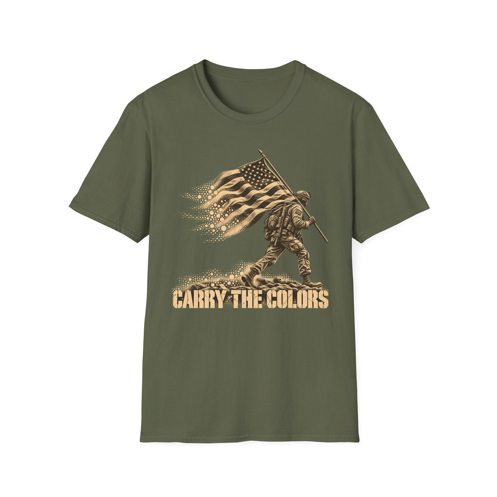 Military green t-shirt with gold soldier carrying flag graphic and “CARRY THE COLORS” text